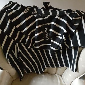 Boohoo black & white stripe, off- shoulder, ruffle